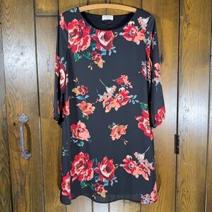 Anthropologie | Everly Black & Red Roses Chiffon Sheath Shift Dress (S)